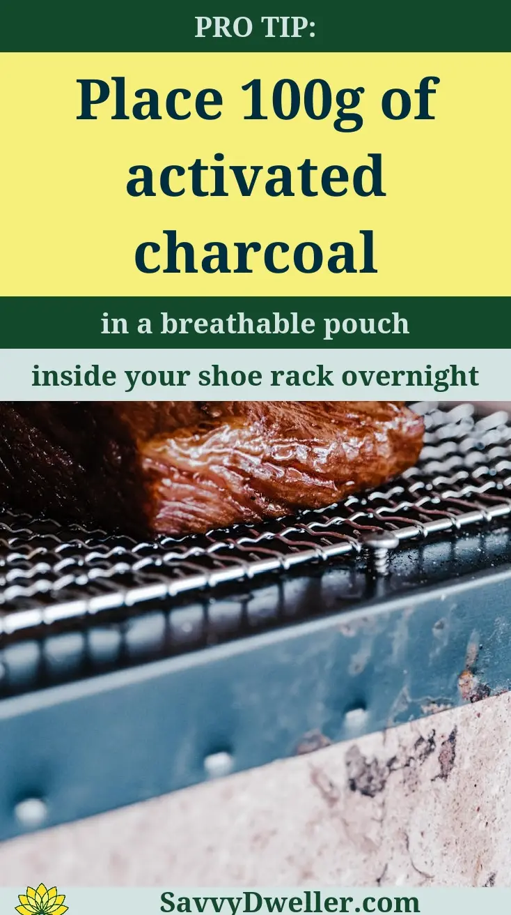 Activated charcoal in a pouch placed inside a shoe rack to absorb odors