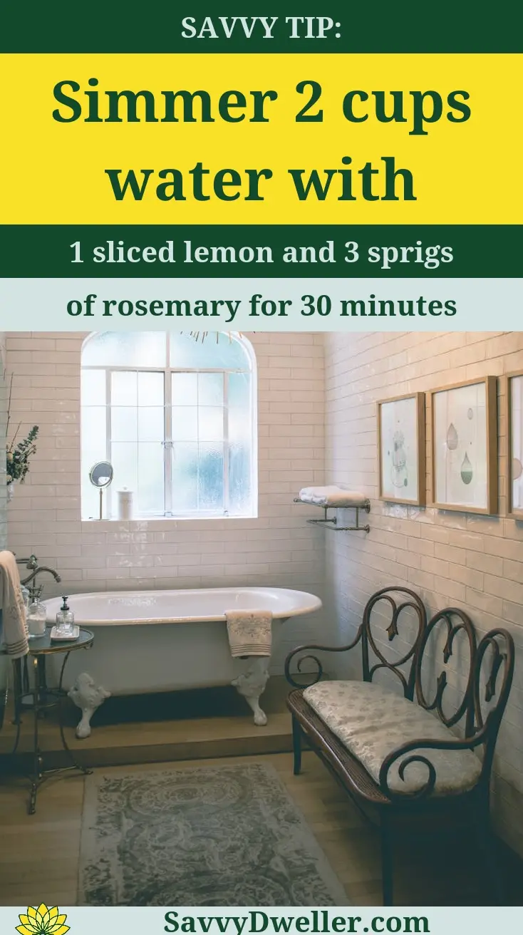 A tranquil bathroom scene with a recipe for fresh scents using lemon and rosemary.