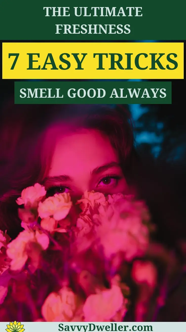 A person with flowers demonstrating ways to keep your bathroom smelling good.