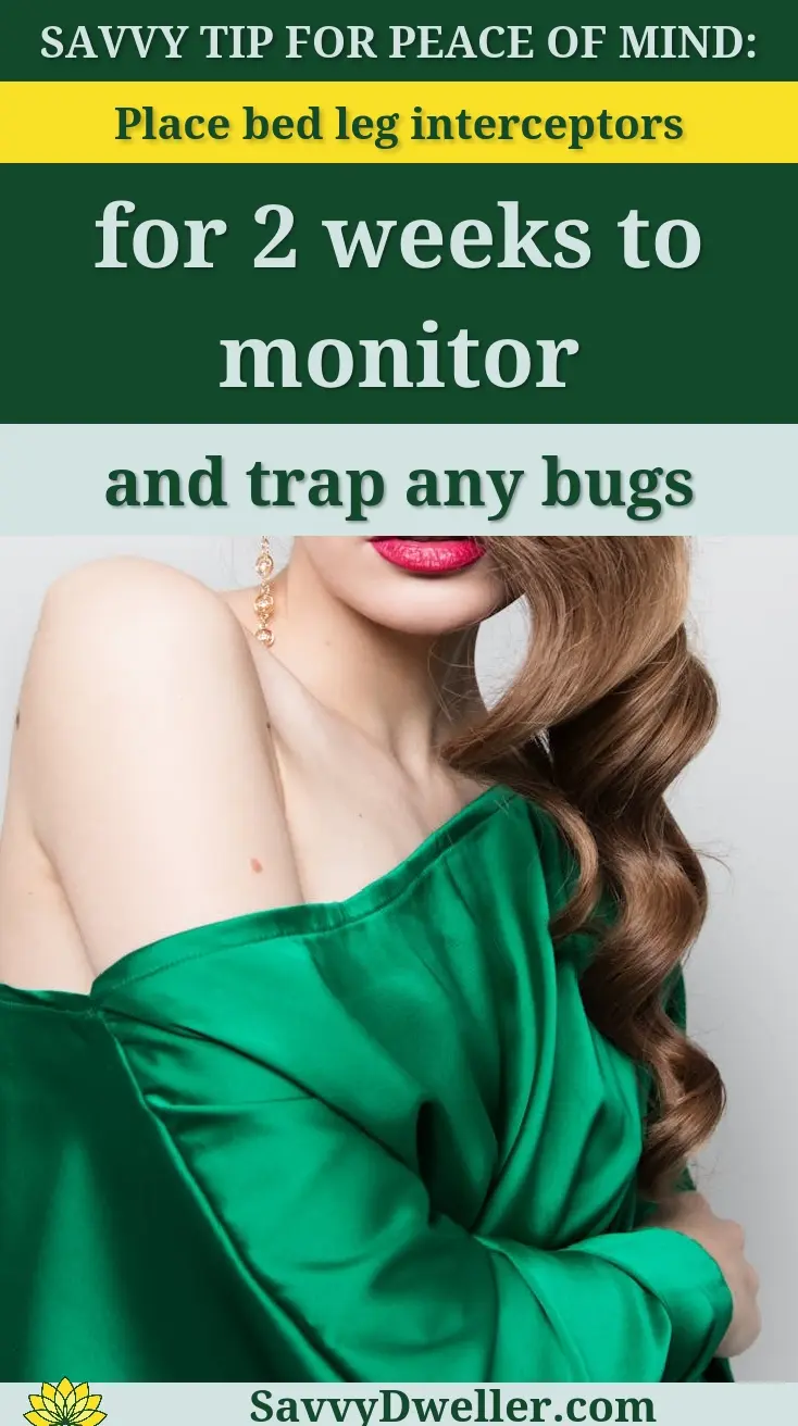 A woman with green clothing offering tips on monitoring bed bugs to debunk fears.