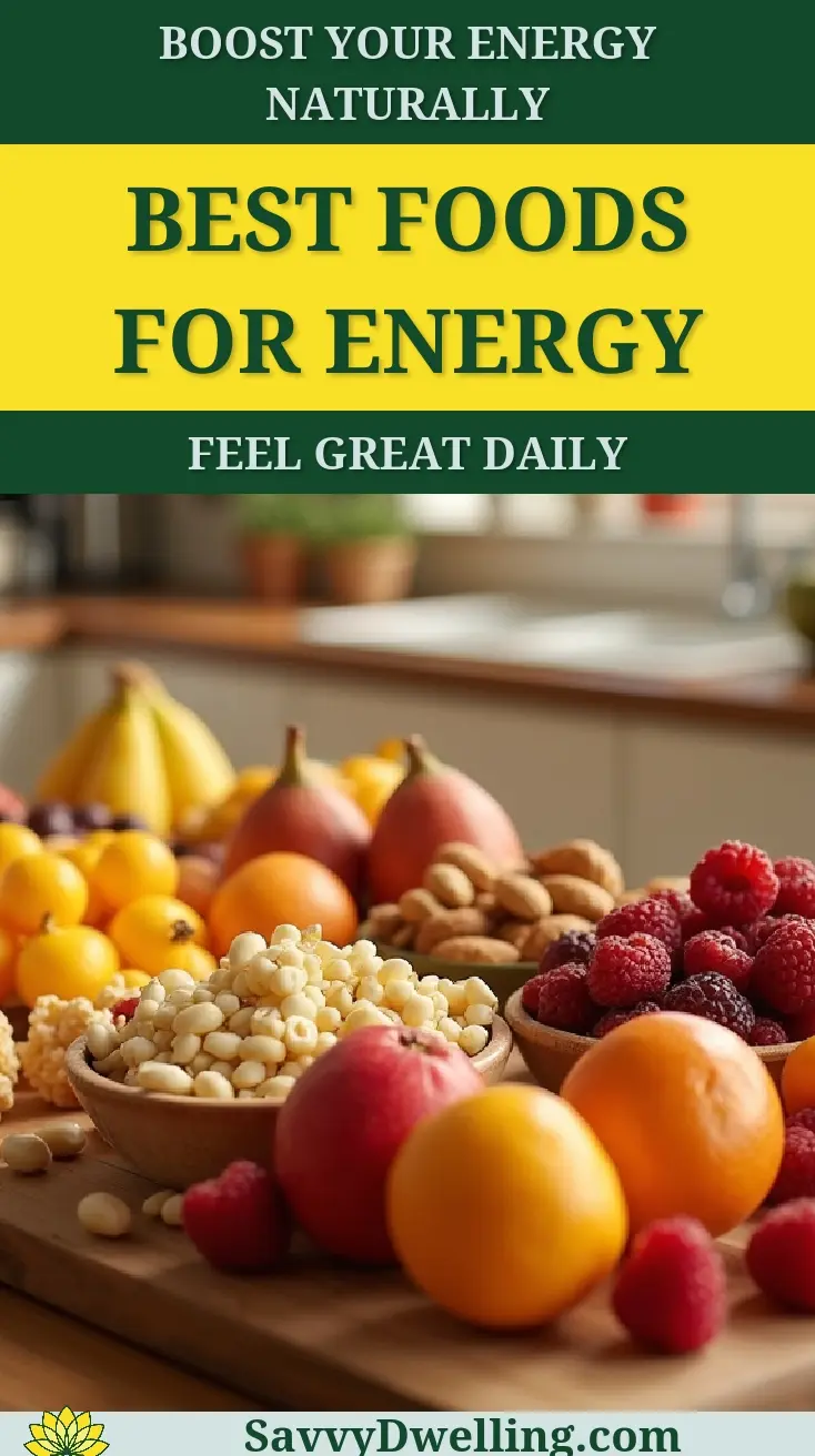 An array of colorful fruits and nuts promoting natural energy boost.