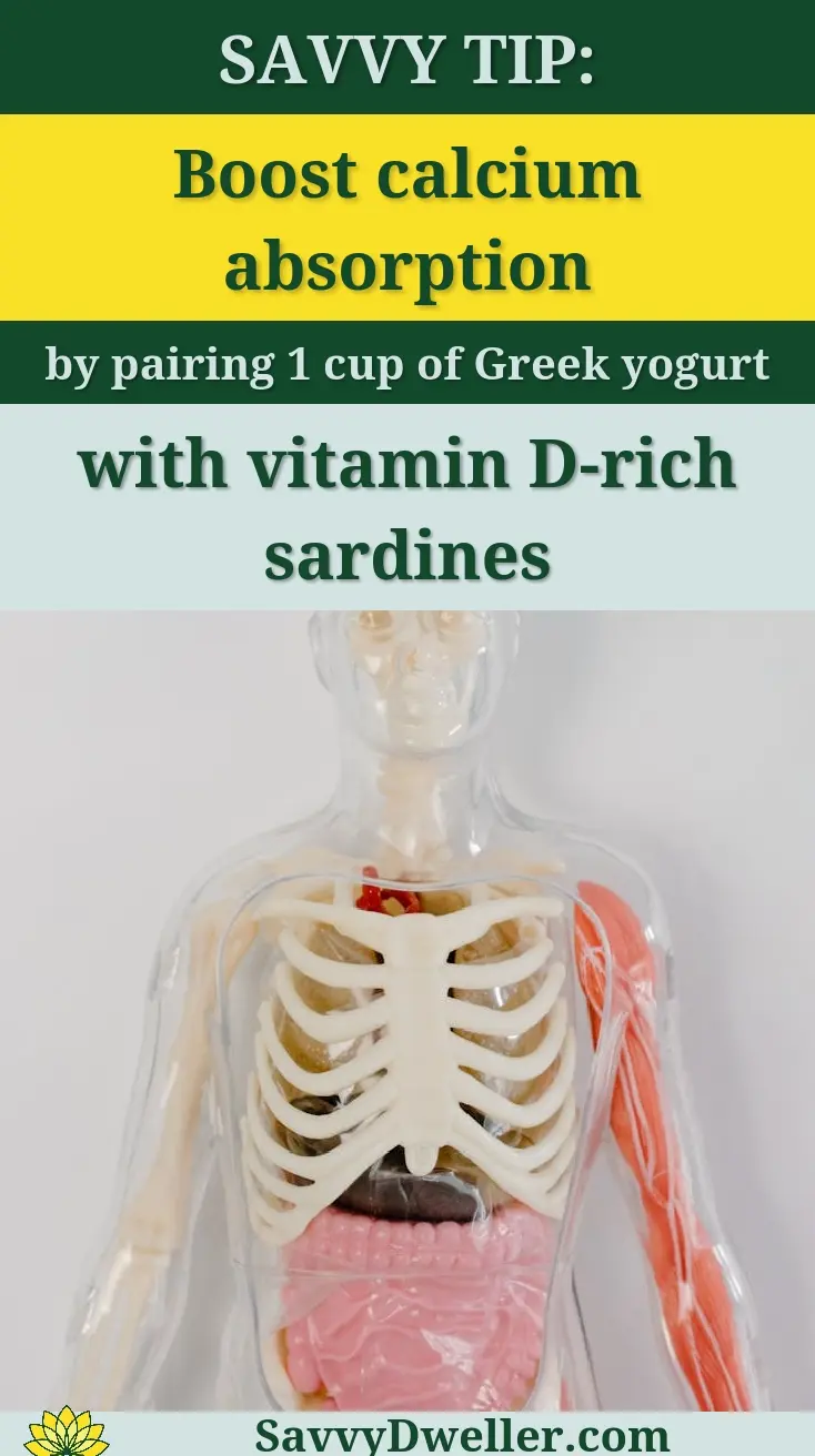 Image illustrating the benefits of pairing Greek yogurt with sardines for calcium absorption