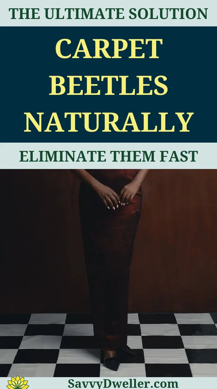 Woman holding a sign on how to get rid of carpet beetles naturally