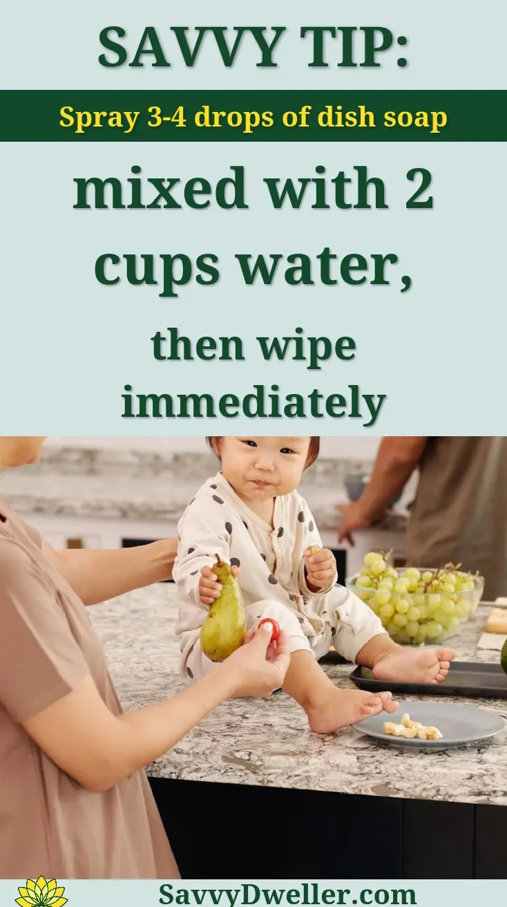 A cleaning tip featuring a mixture of dish soap and water to clean a cast-iron skillet.