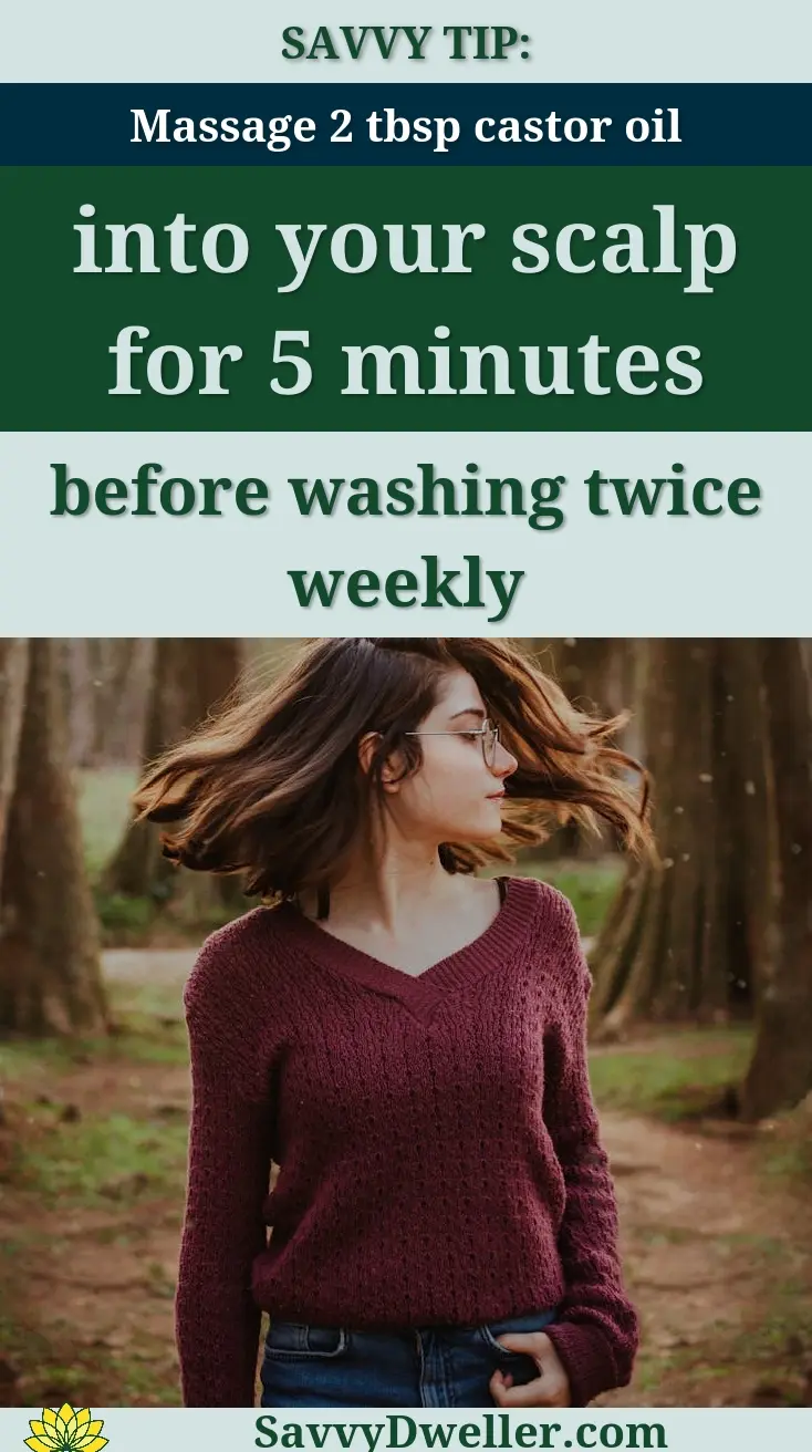 Woman massaging castor oil into scalp for faster hair growth.