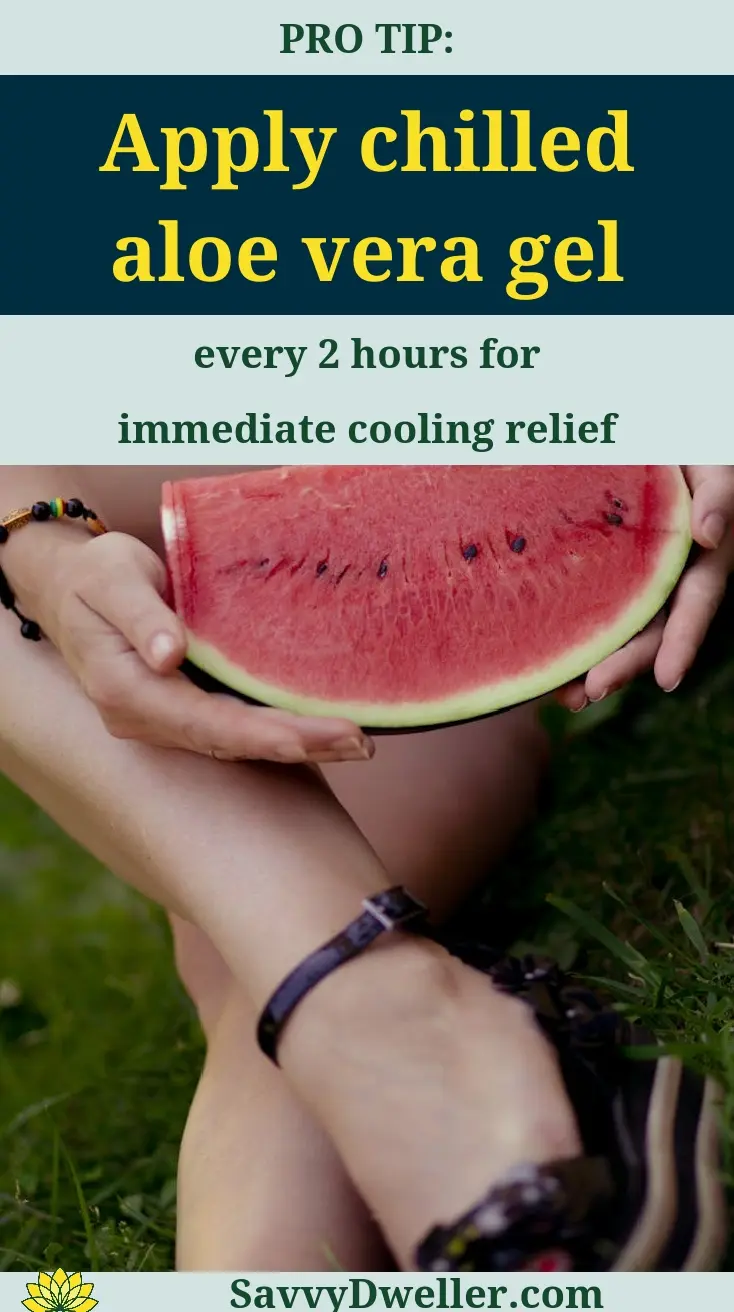 Person applying chilled aloe vera gel for soothing sunburn relief on skin.