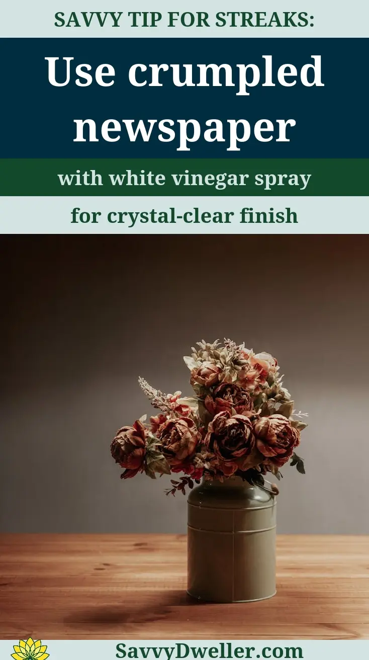 Crumpled newspaper and white vinegar spray for cleaning fireplace glass doors.