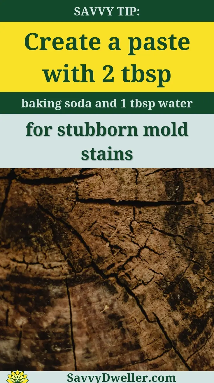 Creating a paste for cleaning stubborn mold stains from wood furniture using baking soda and water.
