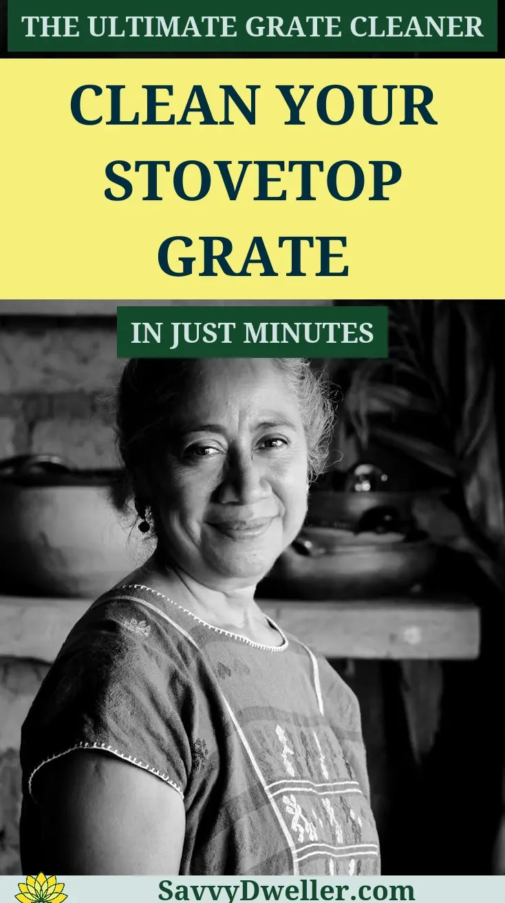 A woman smiling next to a clean stovetop grate, highlighting the best way to clean gas stove grates.
