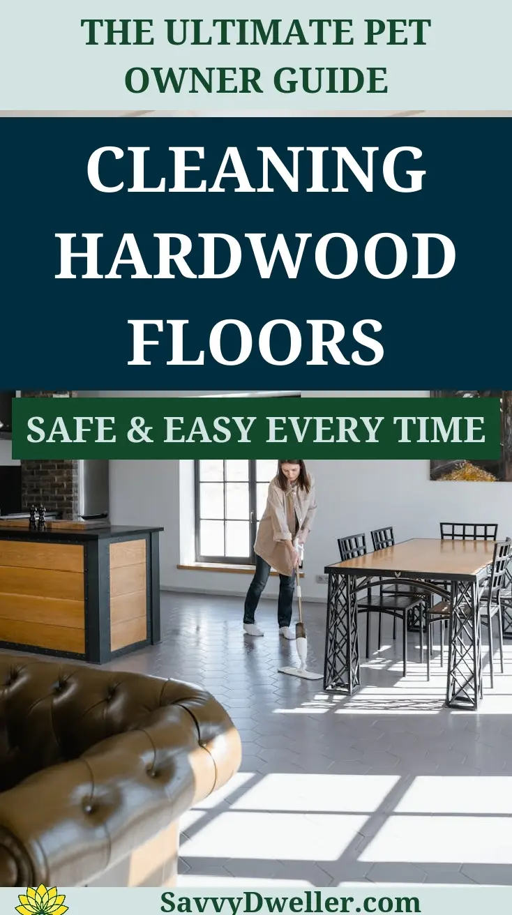 Pet owner cleaning hardwood floors safely with a mop