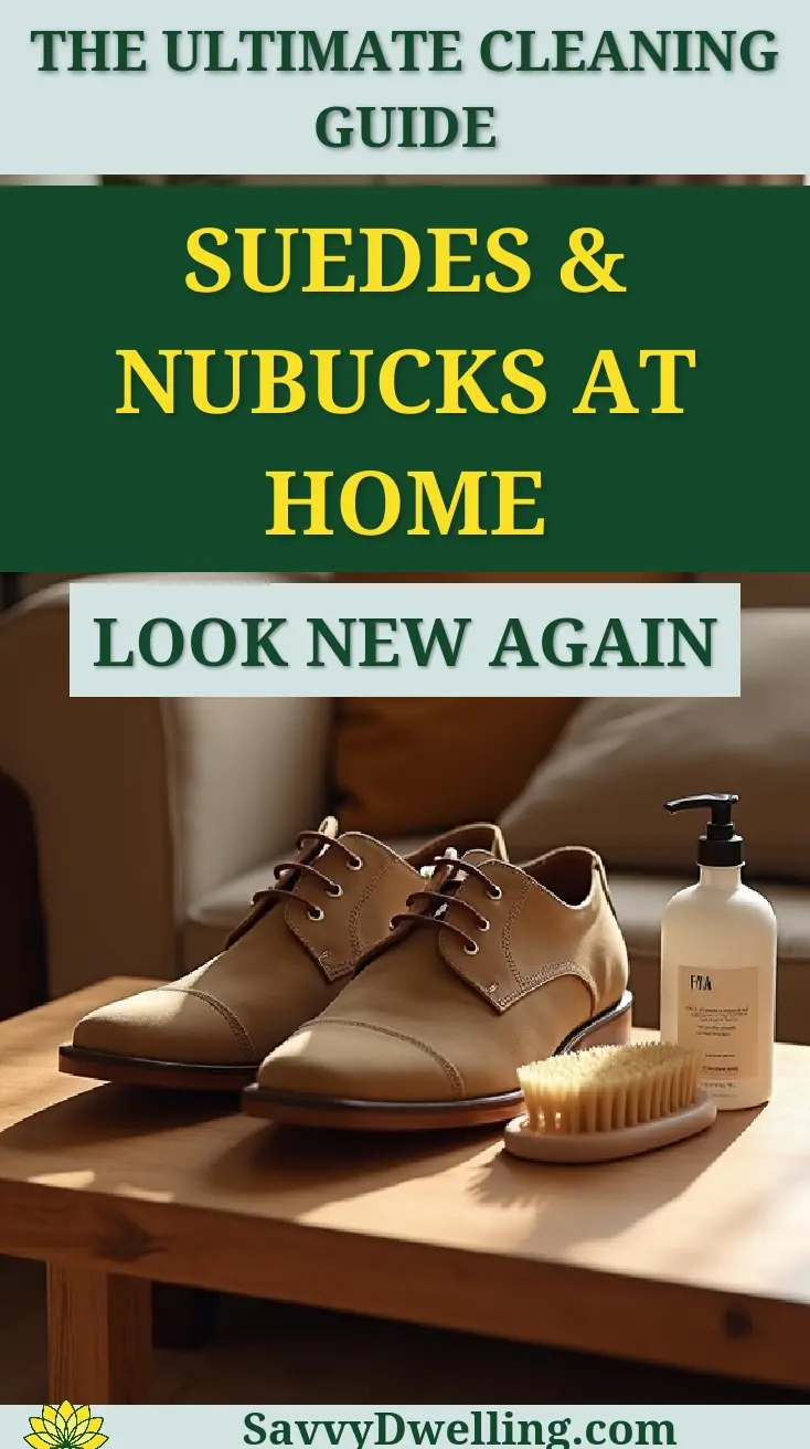 A guide to cleaning suede and nubuck shoes at home with a pair of shoes, cleaning products, and a brush.
