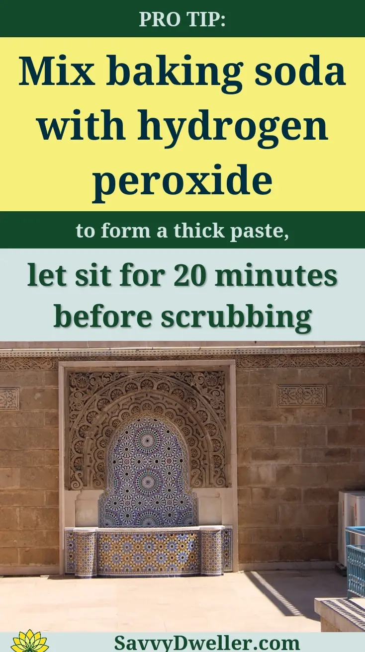 Tip to clean dirty tile grout using baking soda and hydrogen peroxide.