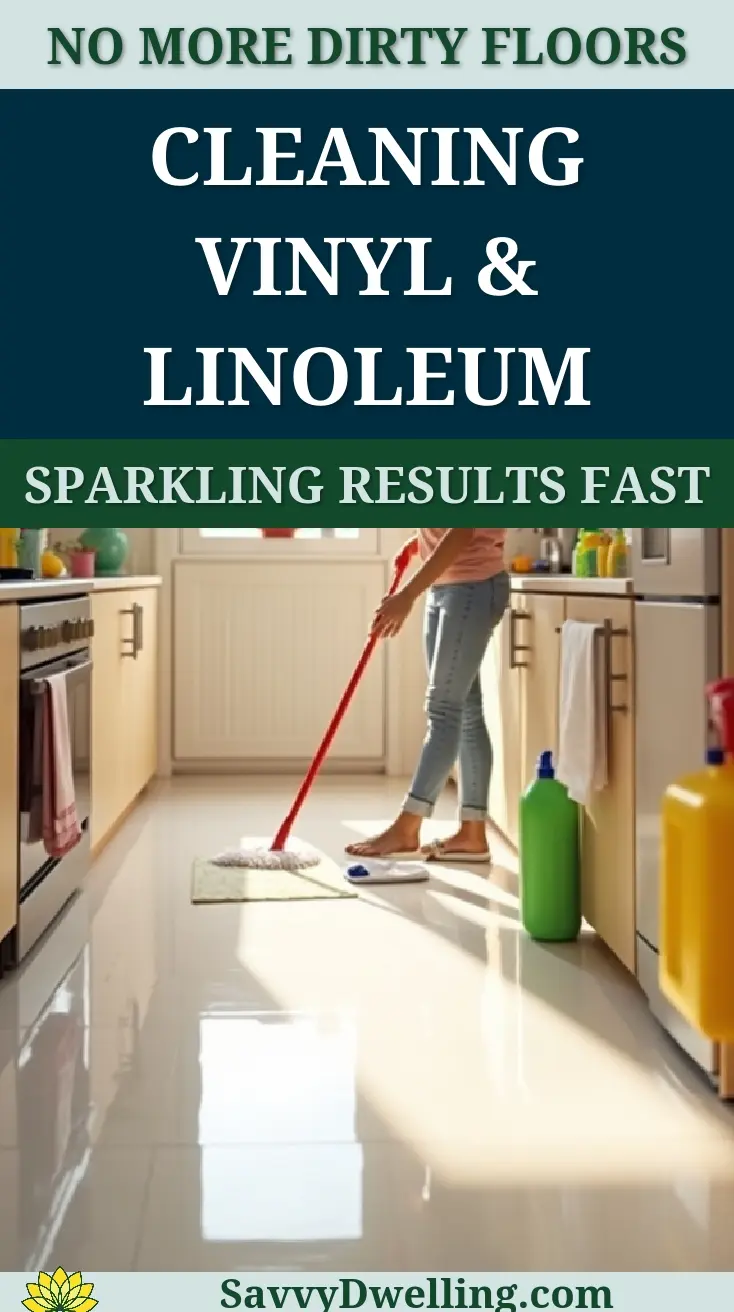Person mopping a clean vinyl and linoleum floor in a kitchen.