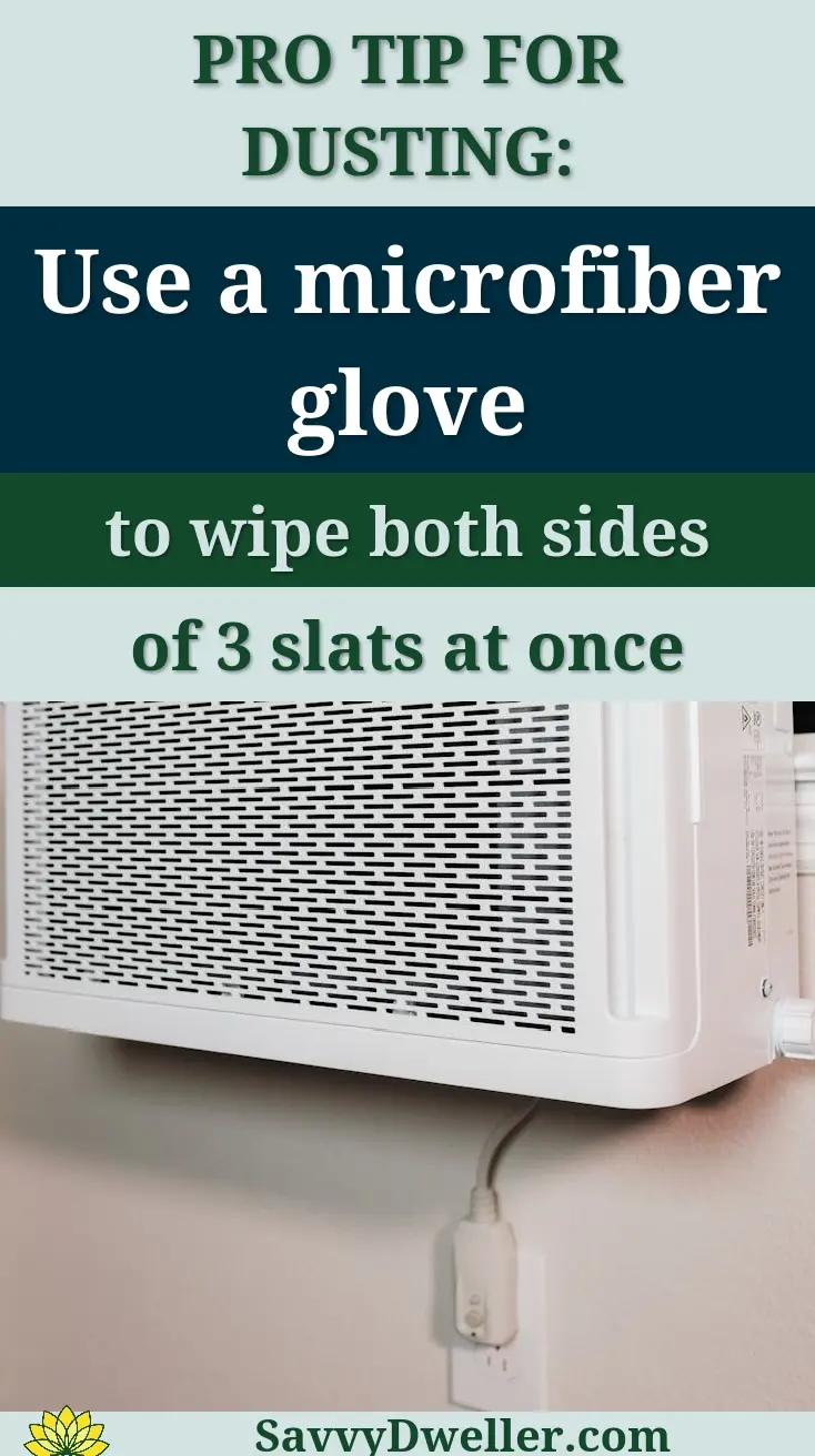 Pro tip for cleaning window blinds with microfiber glove for efficient dusting on wood, faux wood, and vinyl blinds