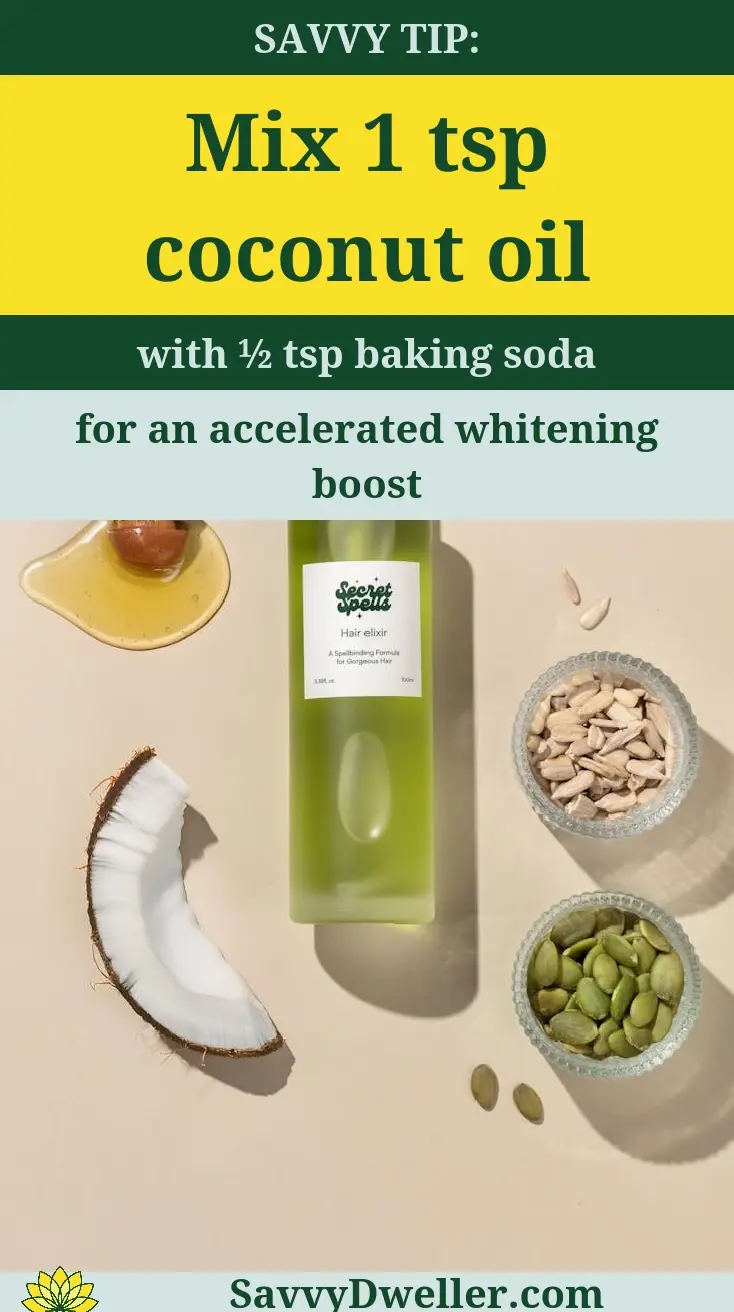 Coconut oil and ingredients for teeth whitening using oil pulling.