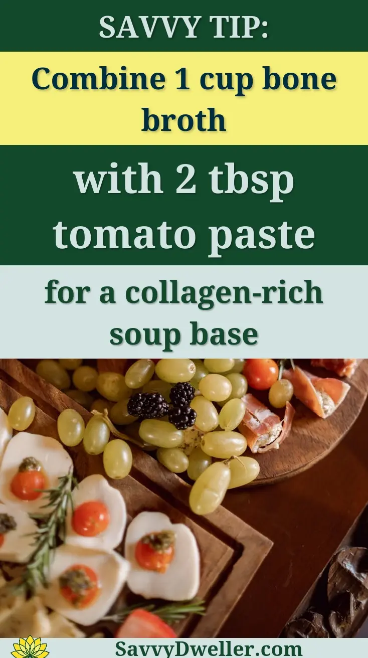 Collagen-rich foods including bone broth and tomato paste for youthful skin and healthy joints.