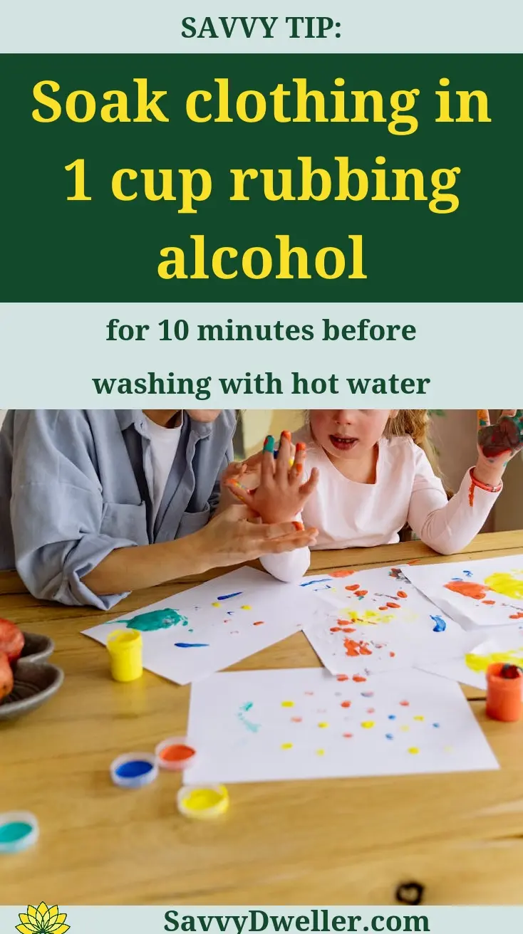 A guide for parents on soaking clothing in rubbing alcohol to remove crayon stains.