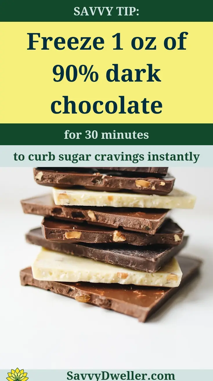 Frozen dark chocolate pieces with a tip to curb sugar cravings