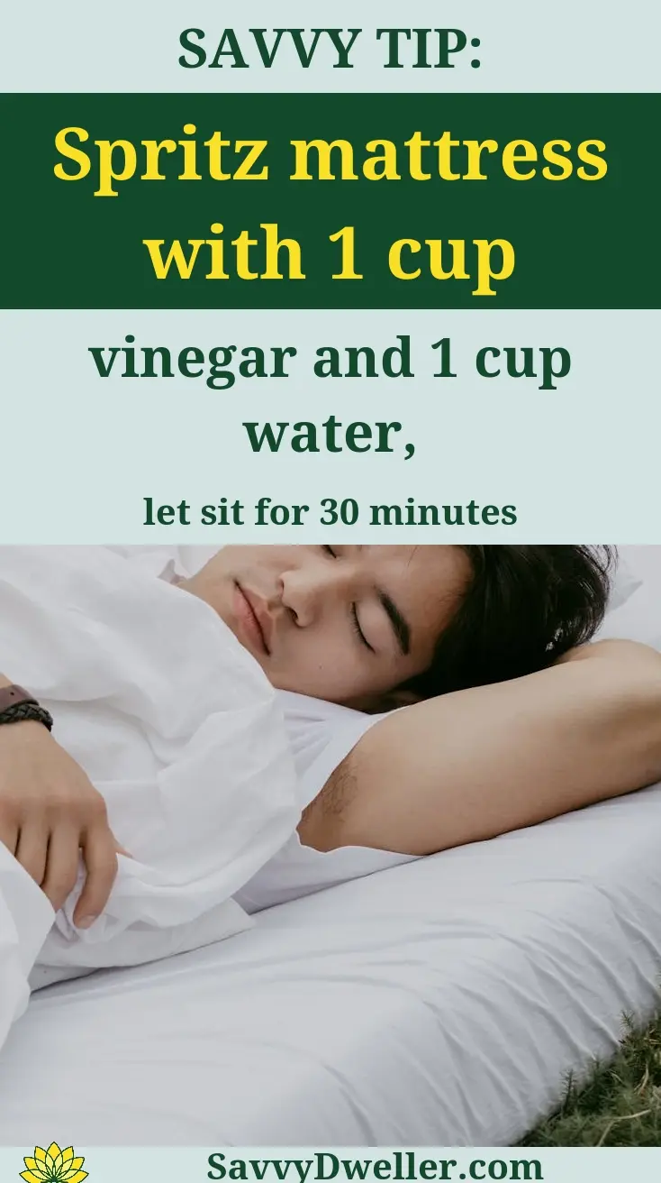 A person lying on a bed with a tip on deep cleaning and deodorizing a mattress using vinegar and water.