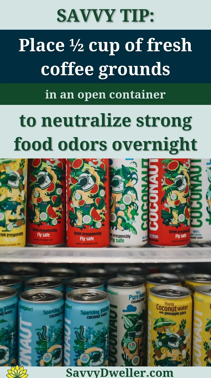 Assorted cans of coconut water neatly arranged in a refrigerator.