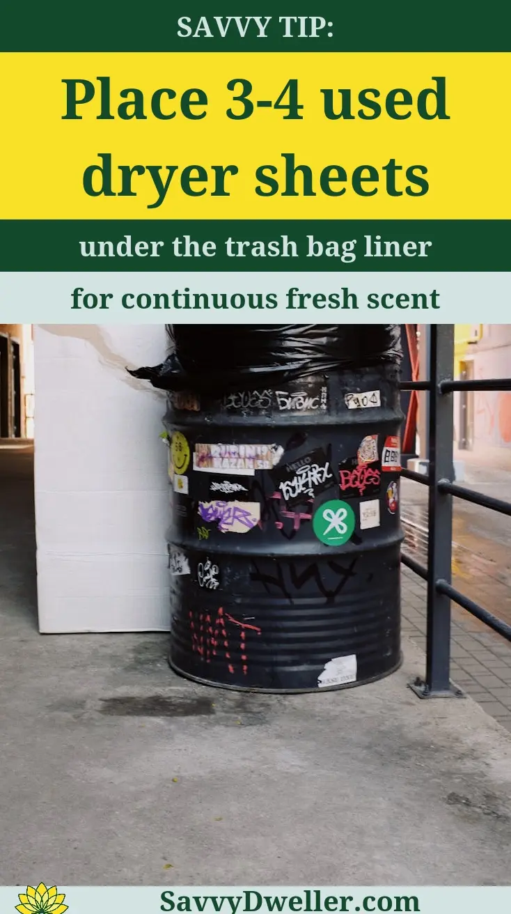 Used dryer sheets placed in a trash can to deodorize and freshen scent.