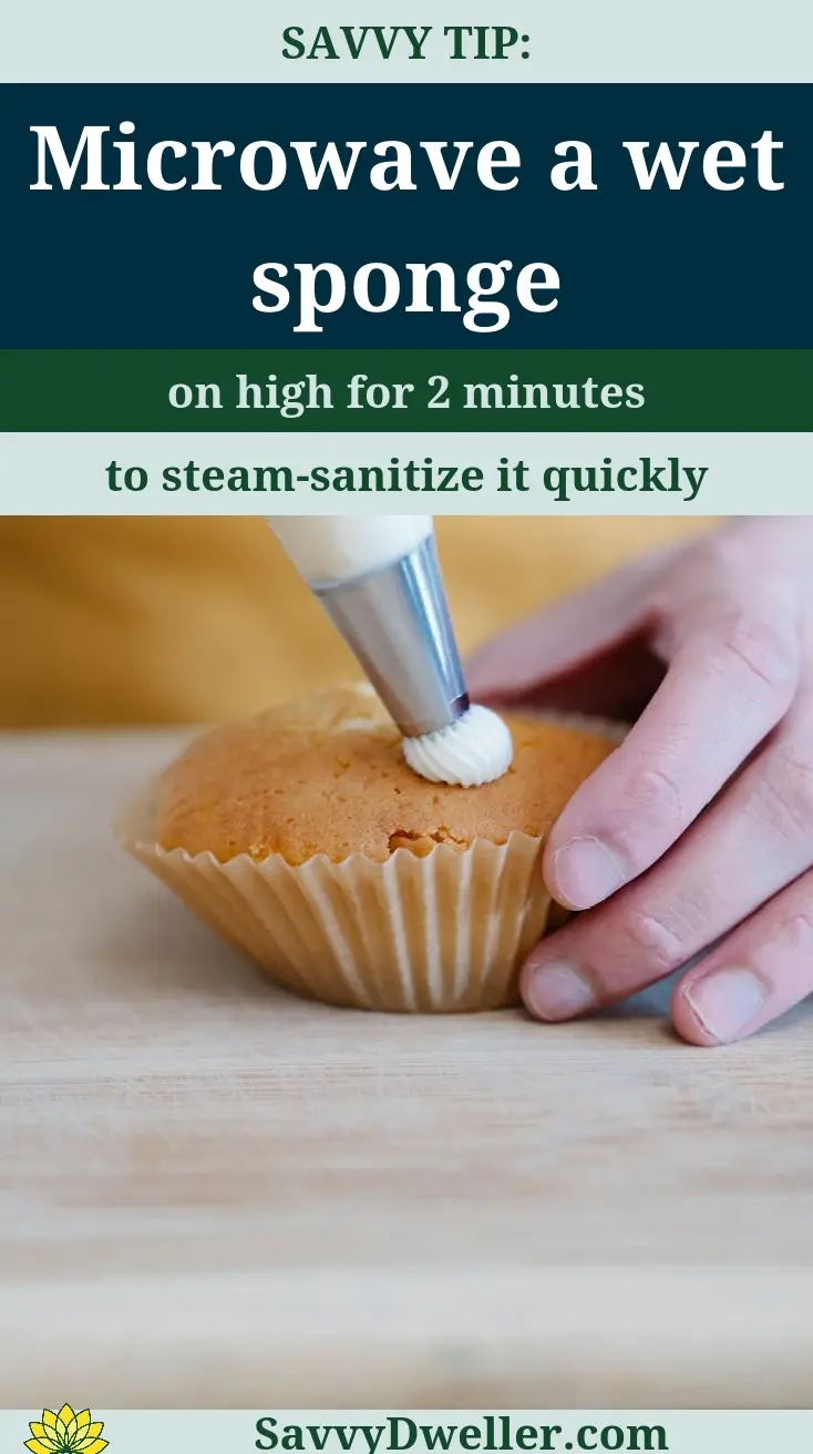 A person using a piping bag on a sponge to demonstrate deodorizing techniques for dish towels and sponges.