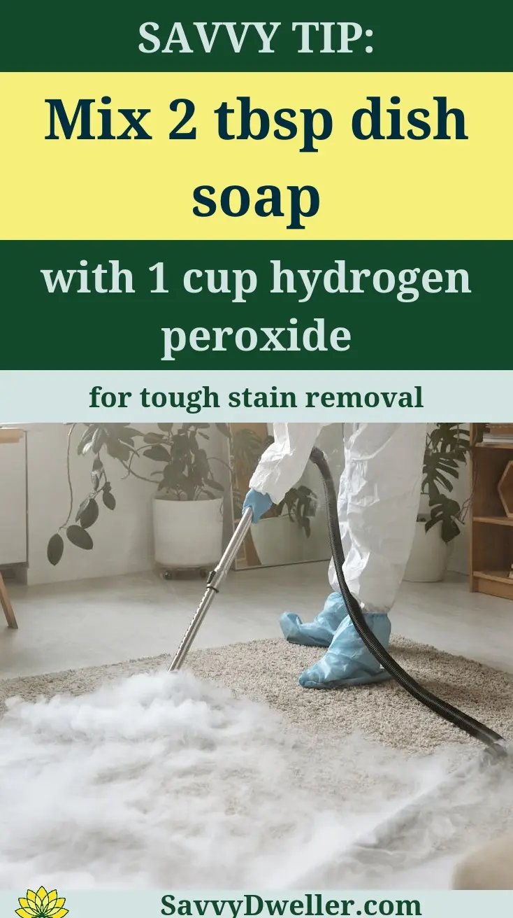 Person using DIY carpet cleaner solution with dish soap and hydrogen peroxide