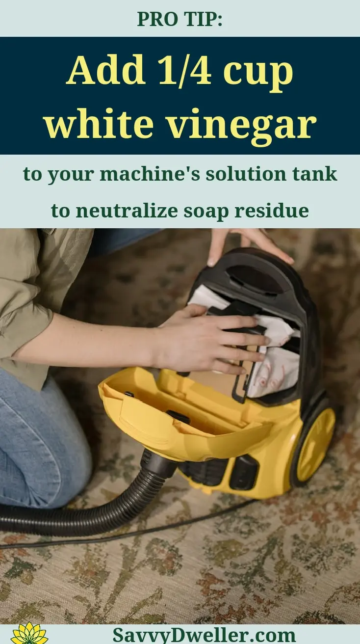 Person adding vinegar to a carpet cleaning machine for DIY carpet cleaner solution