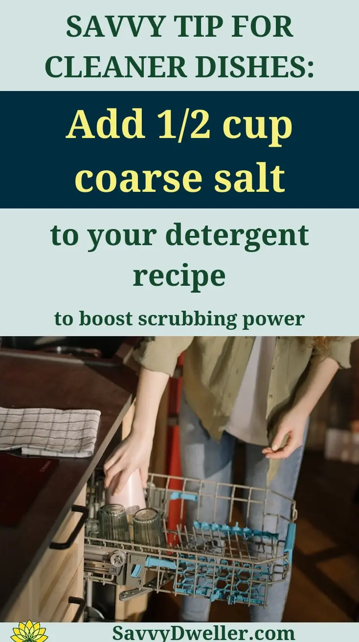 DIY dishwasher detergent recipe with tips for adding coarse salt to enhance cleaning power