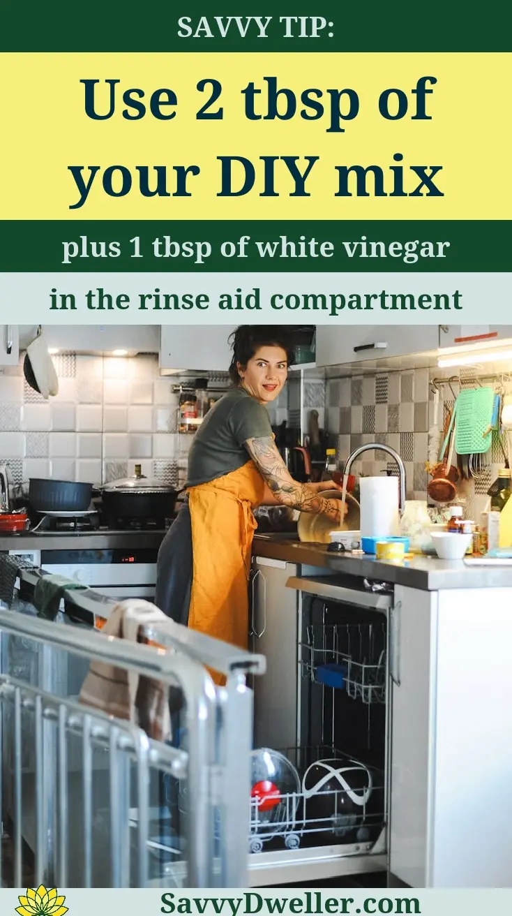 Woman preparing DIY dishwasher detergent in a kitchen sink