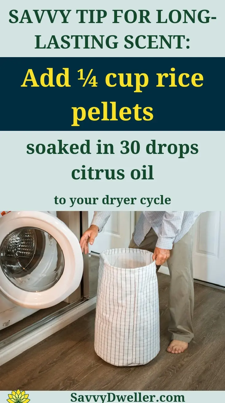A person adding rice pellets soaked in citrus oil to a laundry dryer for an amazing scent.