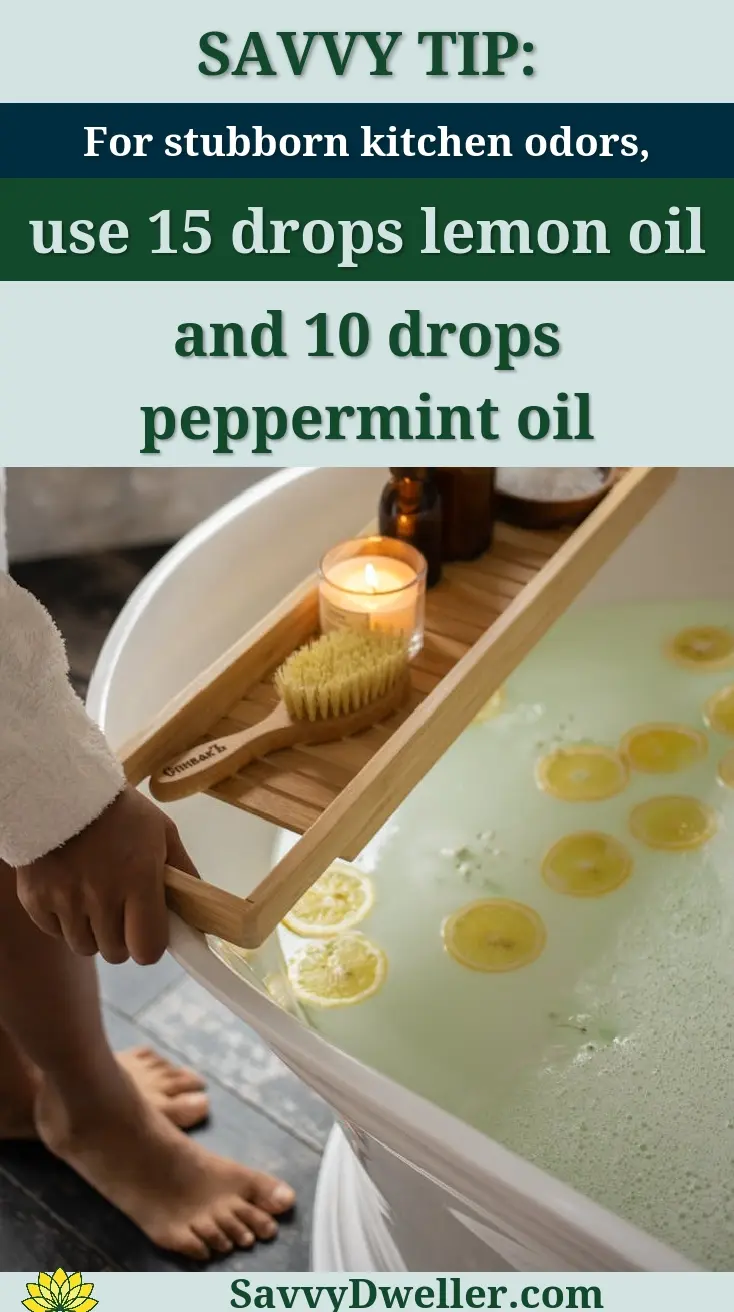 Unrecognizable barefoot female in bathrobe putting wooden tray with spa supplies on tub with lemon slices on water surface during skincare routine