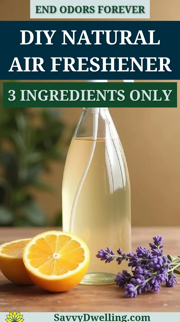 Bottle of DIY natural air freshener spray with lemons and lavender, showcasing a 3-ingredient recipe.