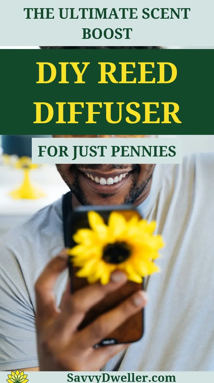 Person holding a phone with a flower, representing a DIY reed diffuser project for pennies.