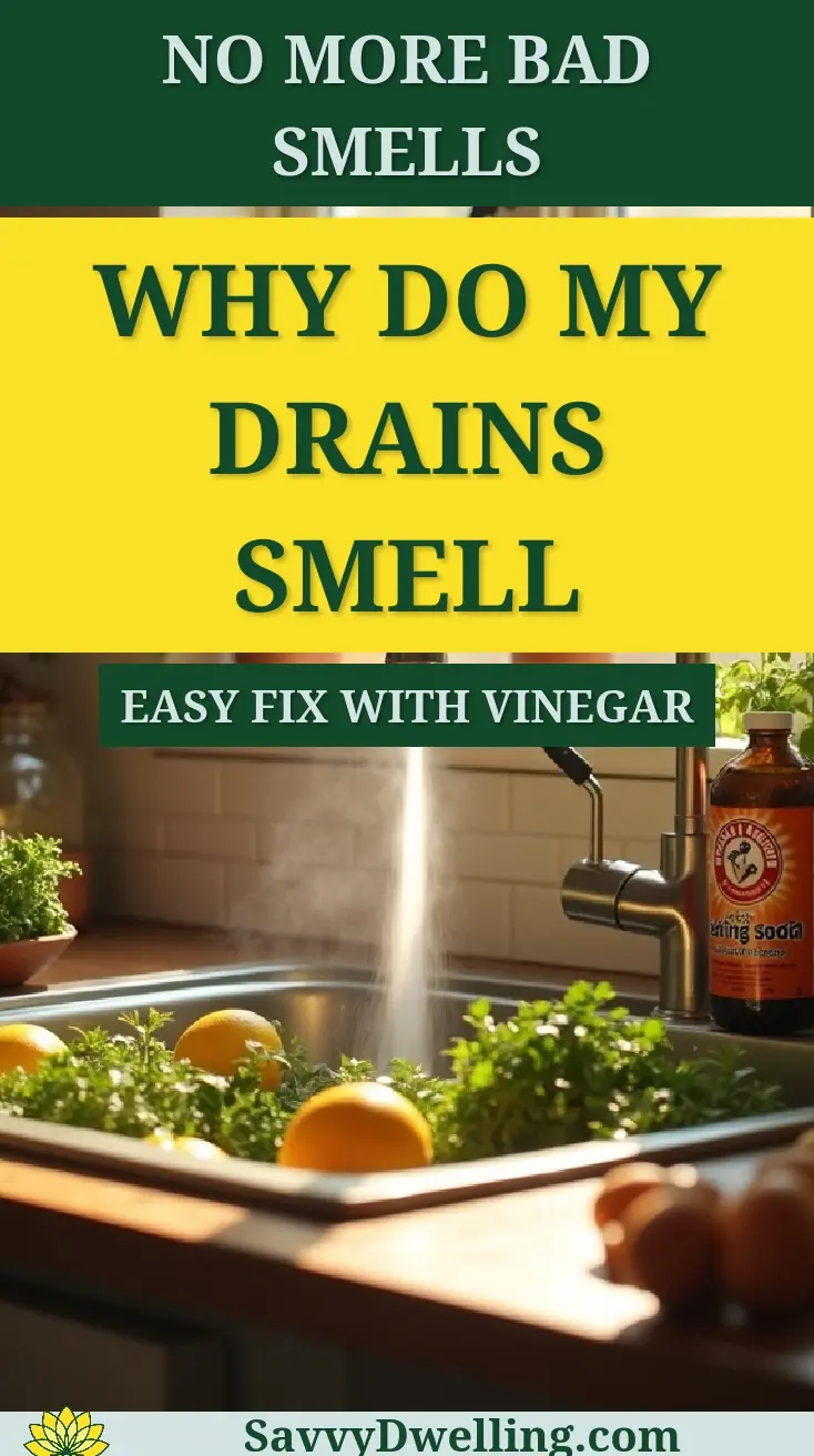 A kitchen sink with fresh ingredients and baking soda and vinegar bottles to address drain odors.