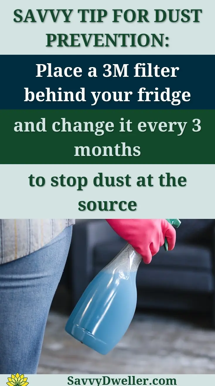 A person holding a spray bottle for dusting with a tip on preventing dust in the house.