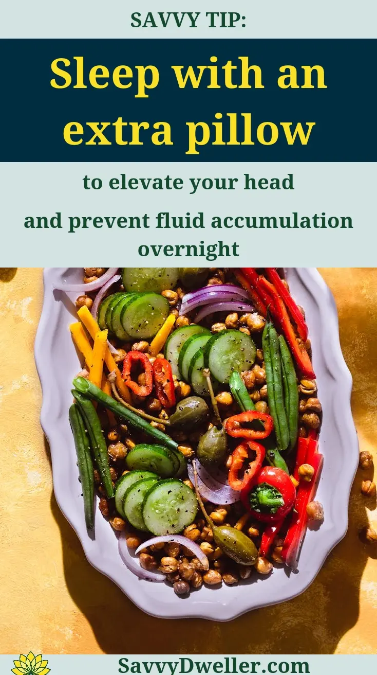 Healthy meal with vegetables illustrating the tip to elevate your head with an extra pillow to reduce bags under your eyes.
