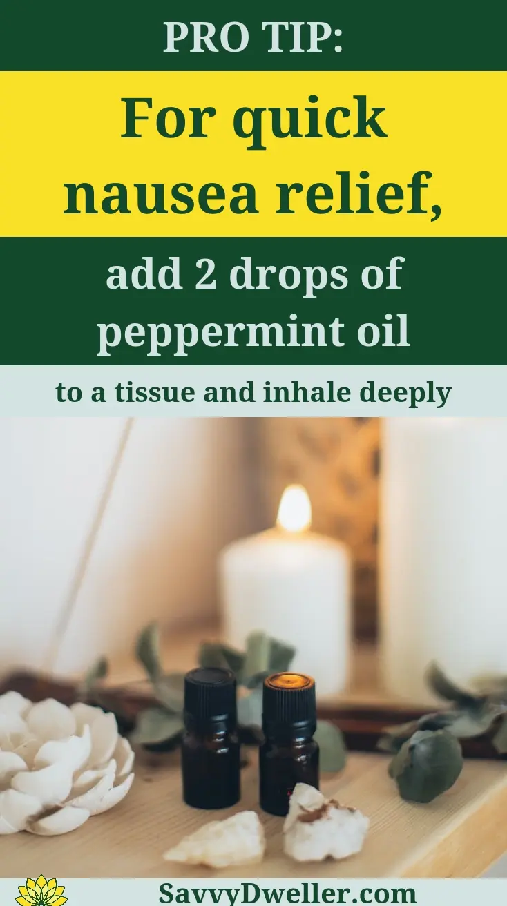 Essential oils bottles and peppermint oil for nausea relief