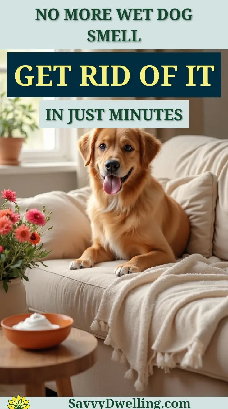 Golden retriever sitting on a couch with a cozy setting, symbolizing tips to get rid of wet dog smell.