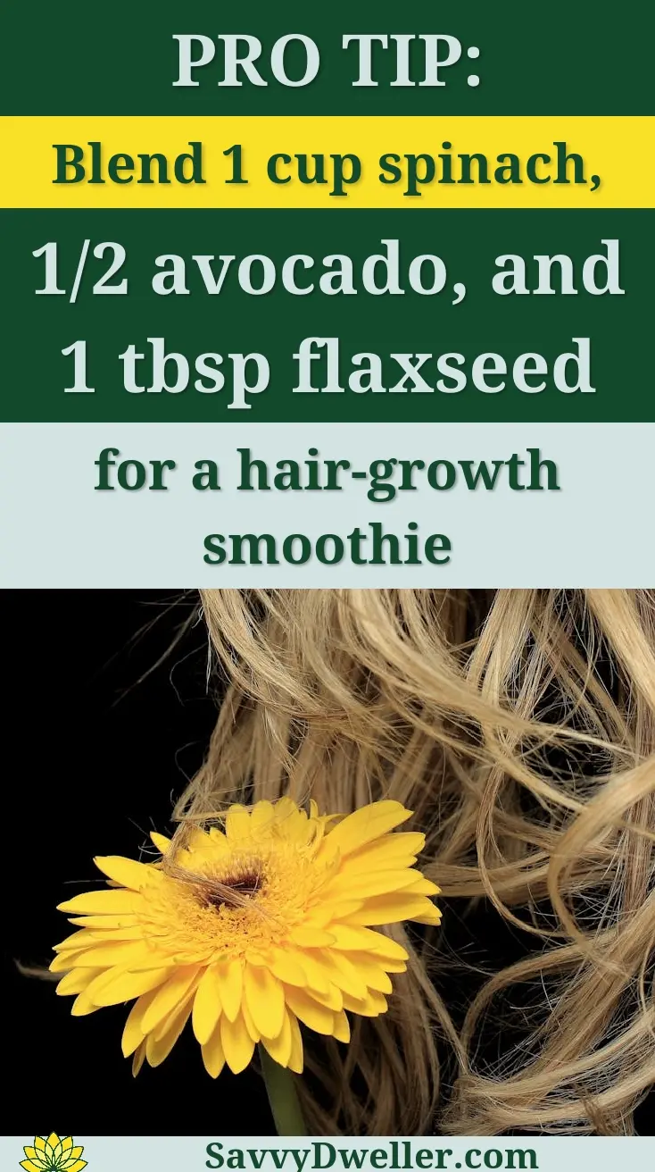 Ingredients for a hair growth smoothie including spinach, avocado, and flaxseed
