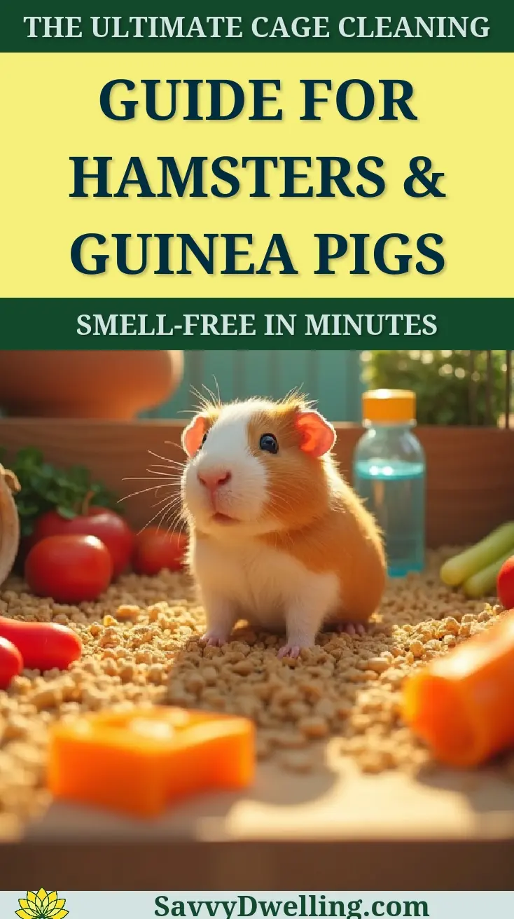 A guide for cleaning and deodorizing a hamster and guinea pig cage, featuring a cute guinea pig surrounded by fresh vegetables.