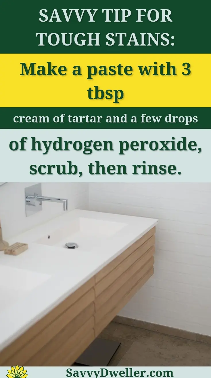 Tip for removing hard water stains from stainless steel sink using cream of tartar and hydrogen peroxide.