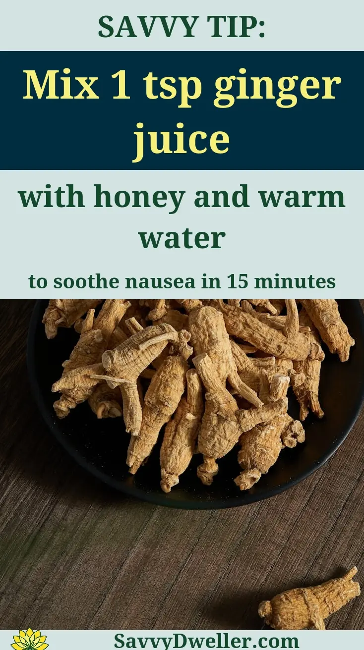 Ginger root with a health tip on using ginger juice for nausea relief