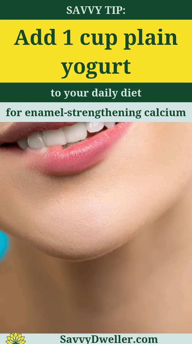 Close-up of a smiling mouth highlighting teeth and yogurt for healthy gums and enamel.