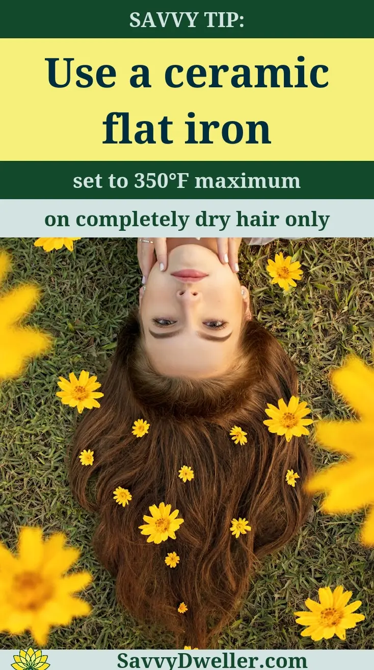 Woman lying on grass with flowers and flat iron, demonstrating how to protect hair from heat damage