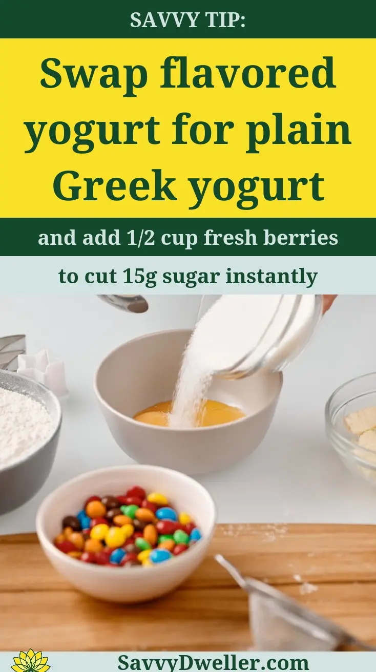Swap flavored yogurt for plain Greek yogurt to reduce sugar intake