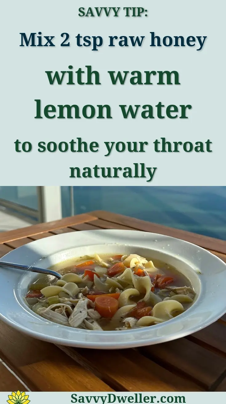 A bowl of chicken noodle soup on a balcony table overlooking a serene waterfront cityscape.
