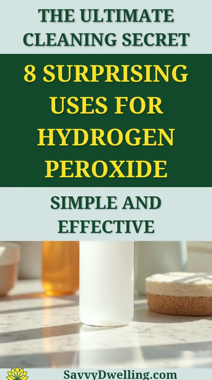 A bottle of hydrogen peroxide surrounded by cleaning supplies, showcasing its versatile uses around the house.