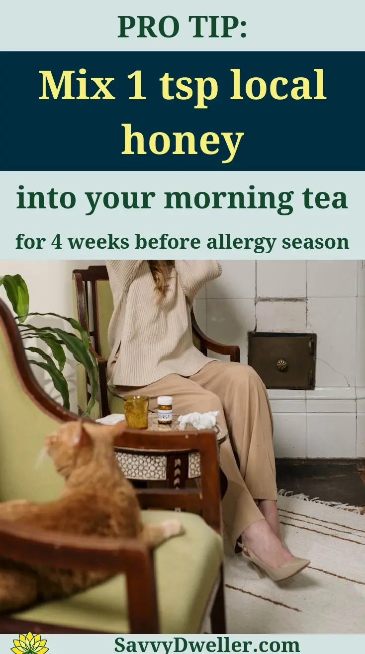 A woman adding local honey to her morning tea, a natural remedy for seasonal allergies.