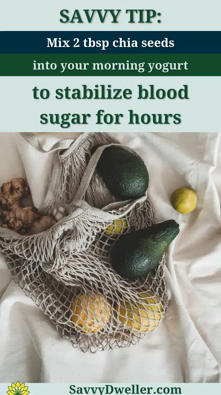 Image showing a net bag with fruits and chia seeds, promoting low-glycemic foods for stable energy.